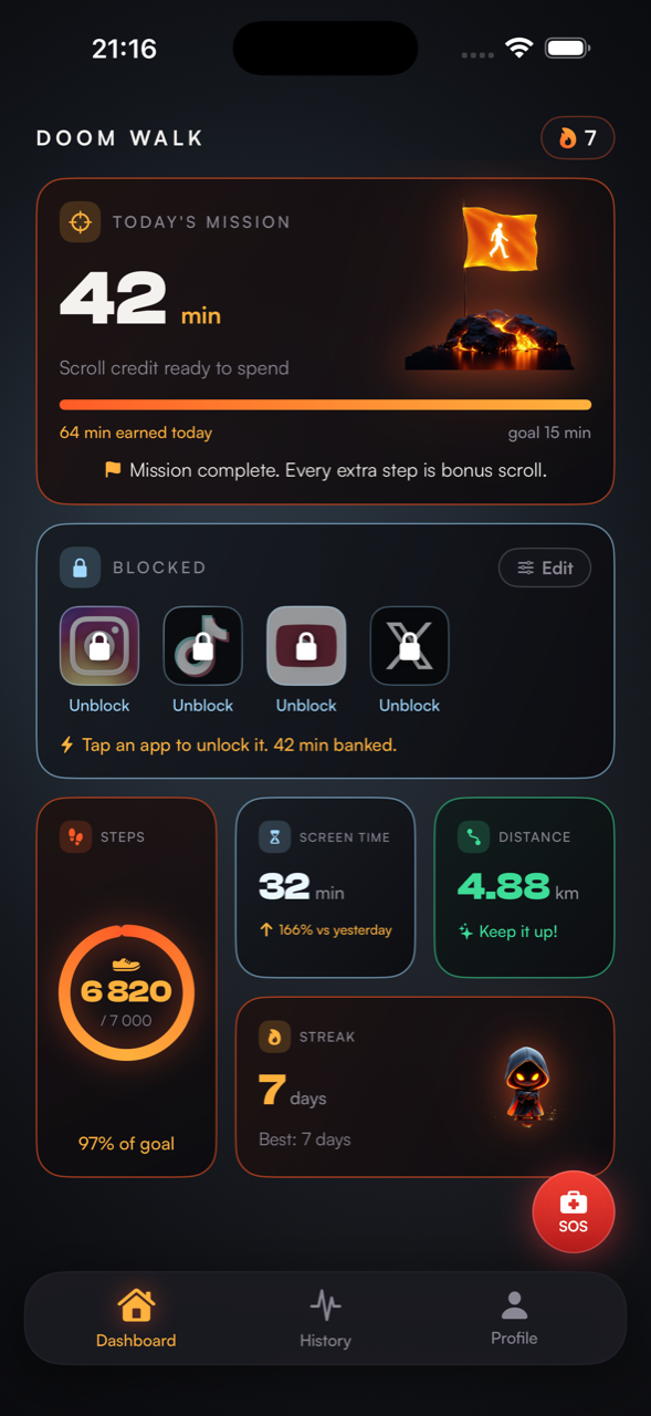 Doom Walk dashboard showing scroll credit, blocked apps, steps, screen time and streak